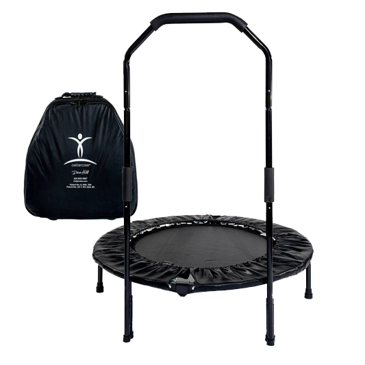 Cellerciser Tri-Fold Pro Rebounder trampoline with a stability bar, alongside a carrying case