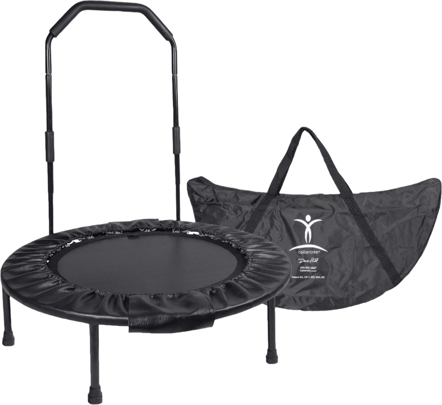 A black bi-fold Cellerciser rebounder with a balance bar, along with its carrying case