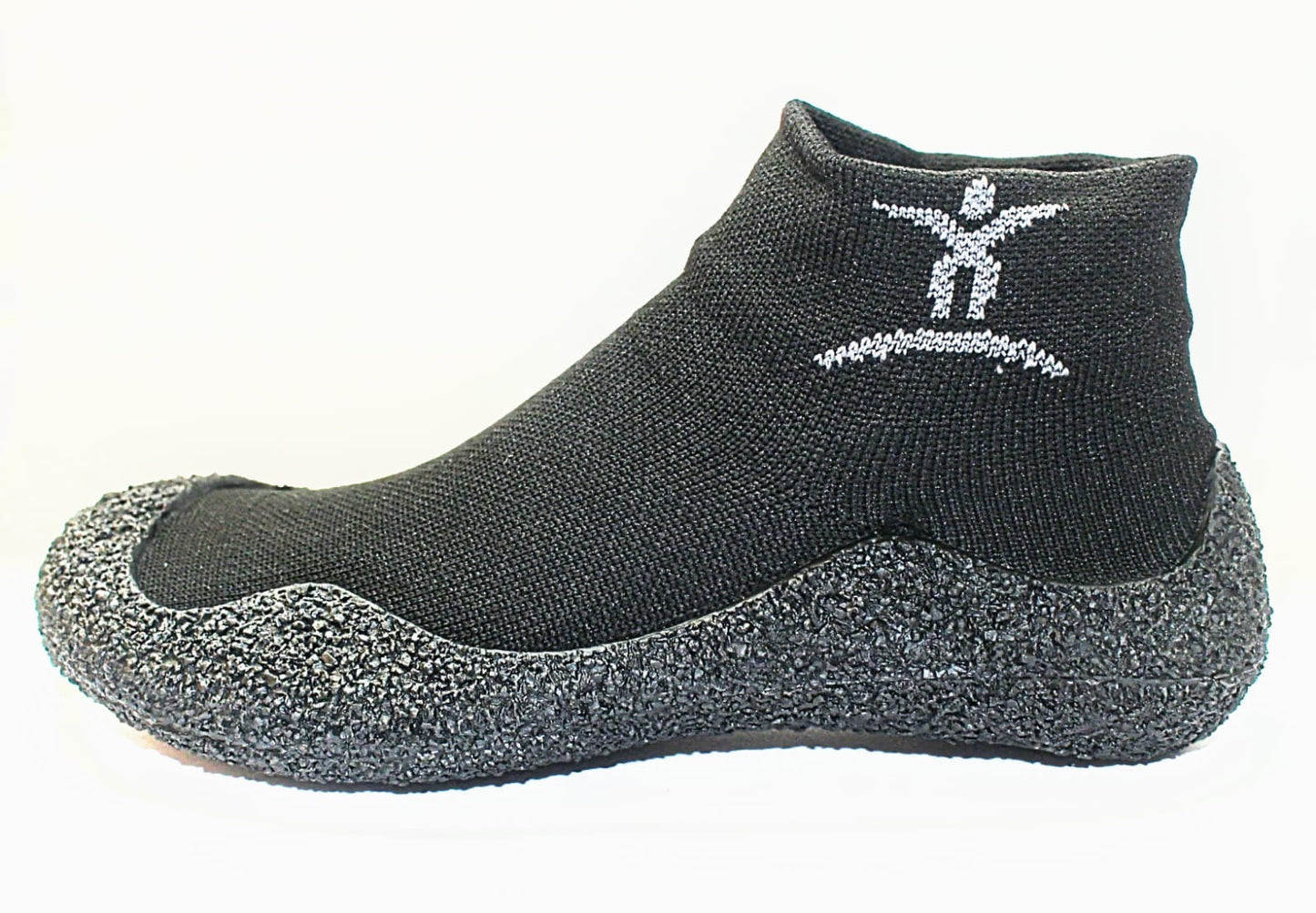 Black minimalist athletic shoe with a textured sole and a white embroidered logo of a jumping figure on the ankle