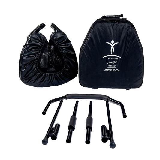 Cellercise mini trampoline kit with folded rebounder, carrying case, and balance bar