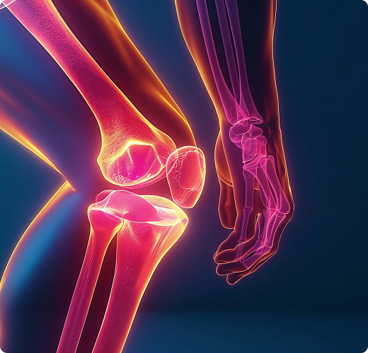 Colorful 3D rendering of a knee joint and leg bones