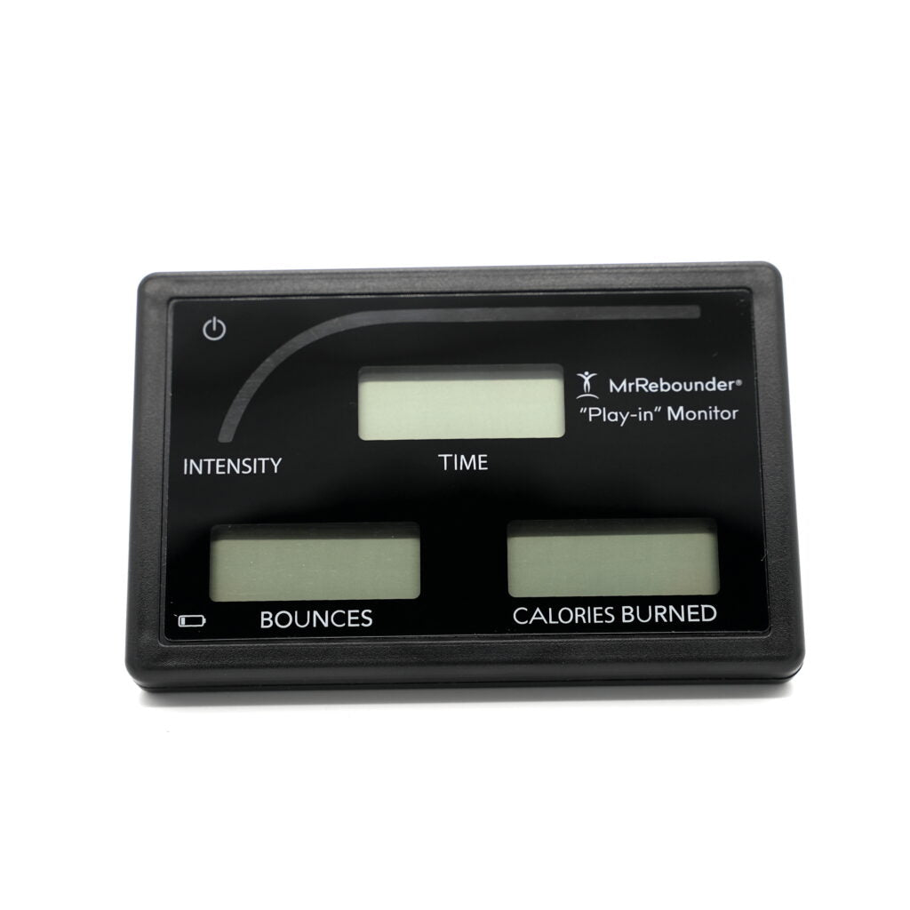 Cellerciser digital rebounder monitor displaying intensity, time, bounce count, and calories burned