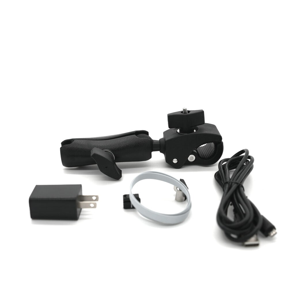 Fitness tracker accessory kit with rebounder clamp mount, USB charging cables, and wall adapter