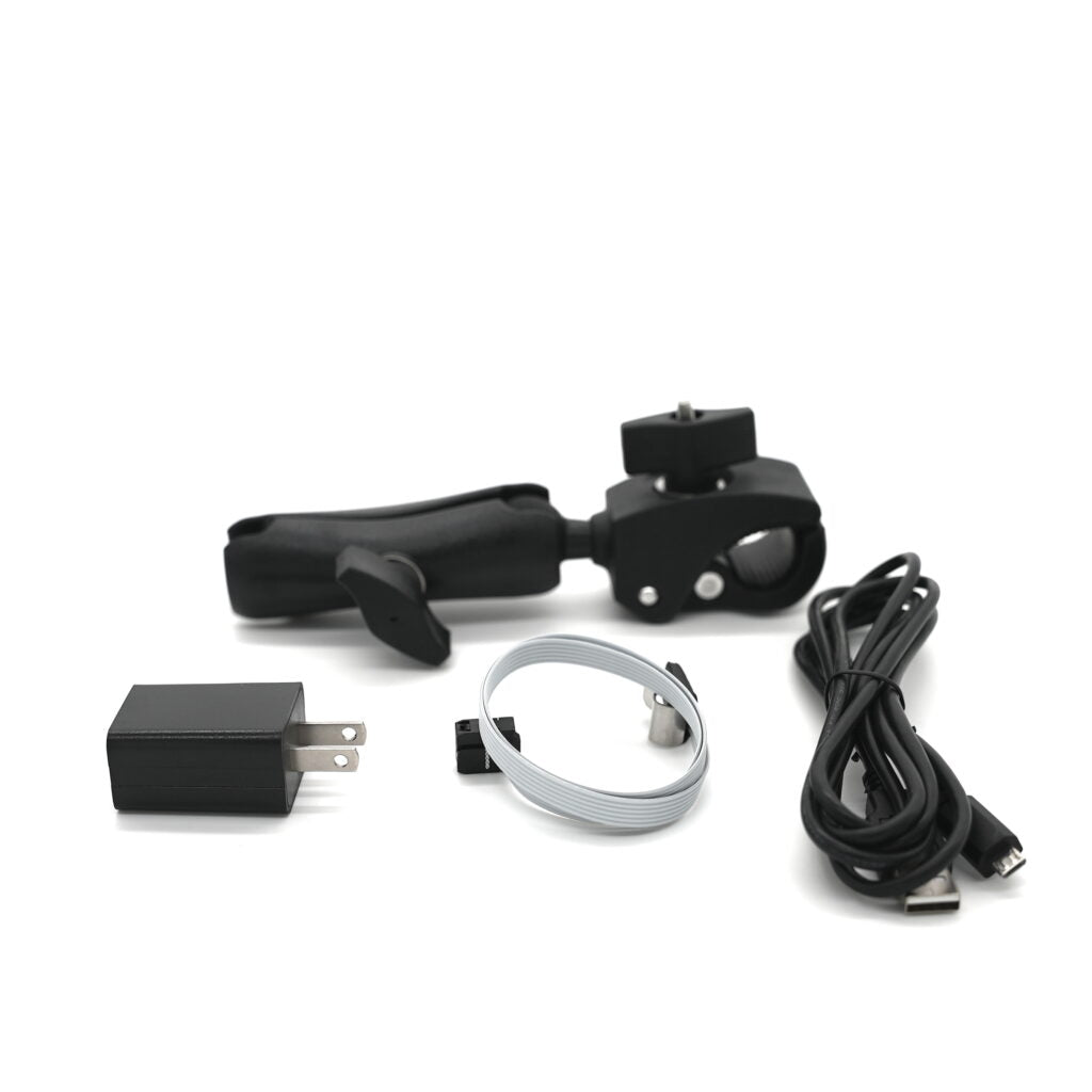 Fitness tracker accessory kit with rebounder clamp mount, USB charging cables, and wall adapter