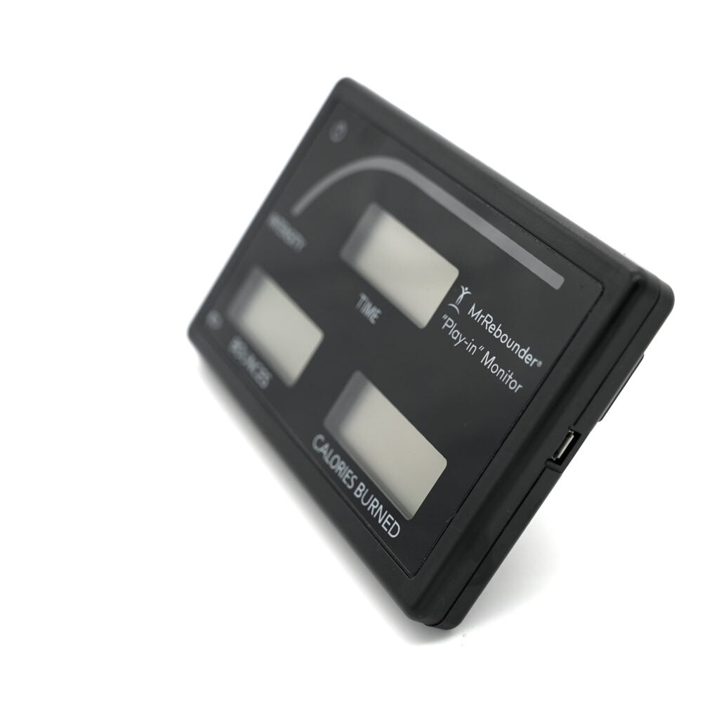 Cellerciser digital rebounder monitor displaying intensity, time, bounce count, and calories burned
